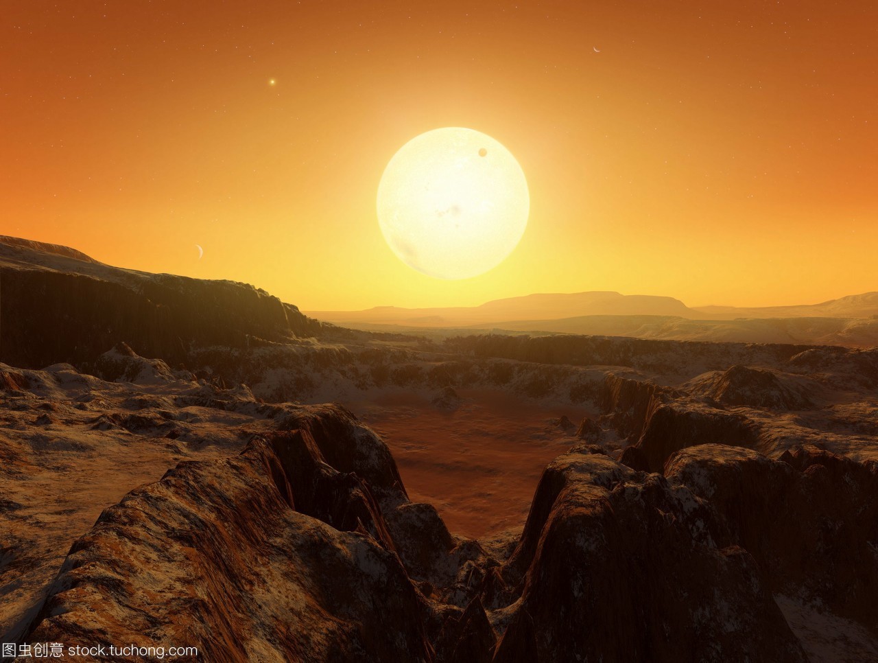 陌生的風(fēng)景。在一個(gè)假想的外星星球上,對(duì)半人馬座雙星系統(tǒng)的一種觀點(diǎn)的計(jì)算機(jī)藝術(shù)。半人馬座阿爾法星系距離太陽(yáng)44光年,由兩個(gè)類(lèi)似太陽(yáng)的恒星組成,相隔30多億公里半人馬座阿爾法星中心,大可以在地平線(xiàn)上看到,而b右上則是遠(yuǎn)處的一個(gè)亮點(diǎn)。月亮暗斑可以看到軌道恒星a。